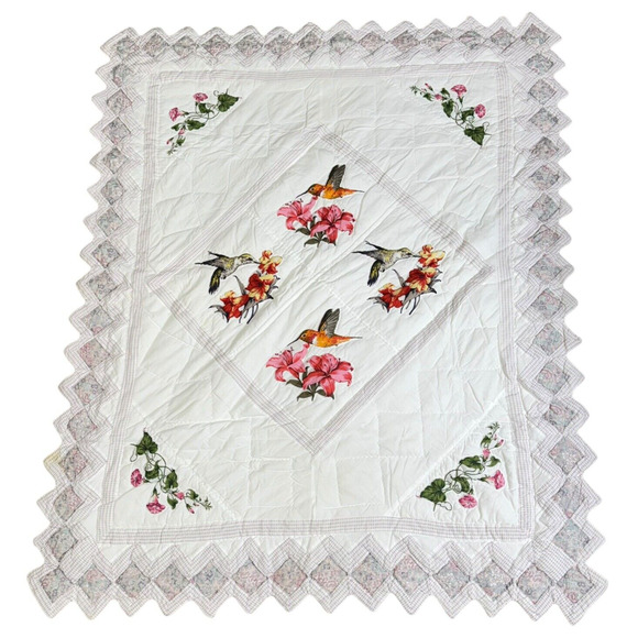 Handmade Machine Stitched Quilted Throw Hummingbird Cottage Garden 46 x 58 Stain - Picture 1 of 14
